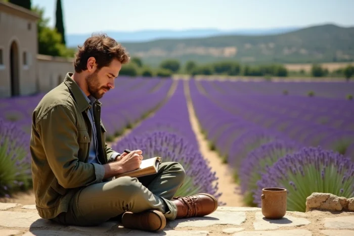 Voyageur écrivant dans un carnet sur une terrasse en pierre face aux champs de lavande de Provence