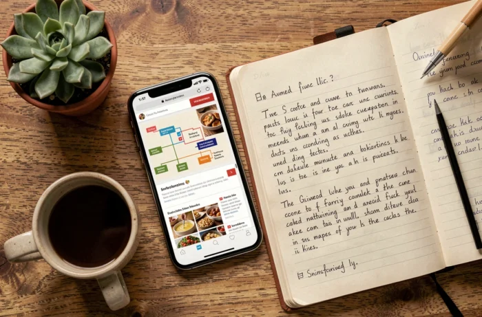 Vue de dessus d'un smartphone affichant le plan du site Cuisine Gratuite posé sur un bureau en bois avec un carnet de notes