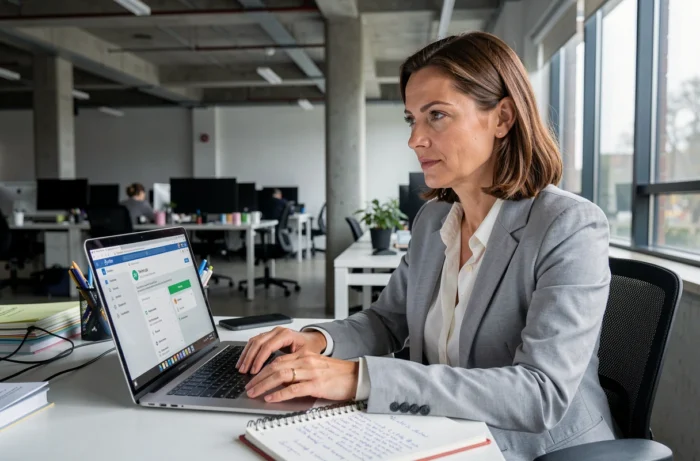 Femme utilisant un VPN pour accéder de façon sécurisée à son webmail EDF dans un espace de coworking
